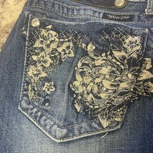 Miss Me Dark Blue boot cut Jeans with Silver Floral Embroidery